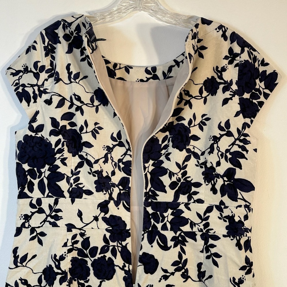Lands End Womens Size 16 Navy Blue Cream Floral Cotton Blend Sheath Dress - Picture 7 of 9